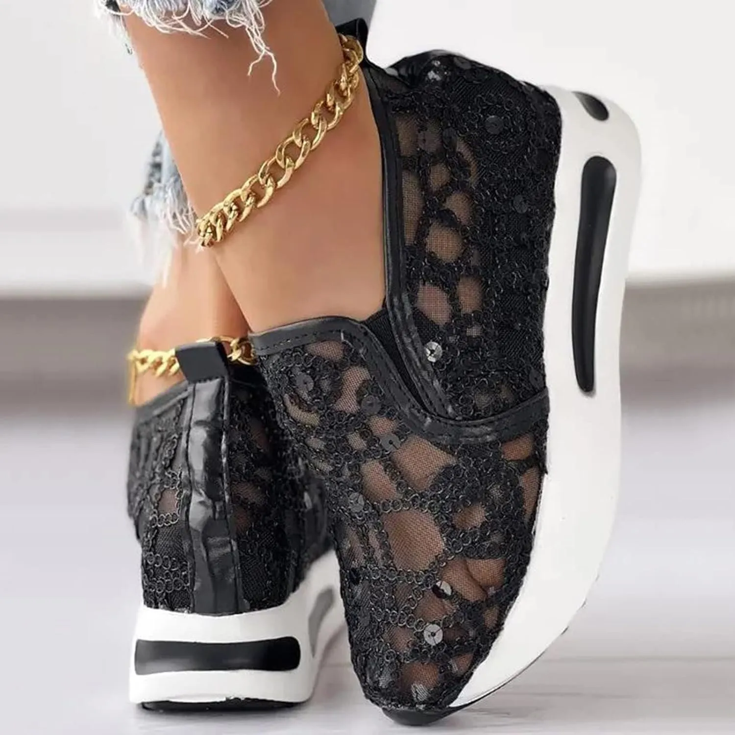 Slip On Sneakers Women Platform Wedge Sneakers Fashion Embroidery Floral Mesh Air Comfort Chunky Sole Hidden High Heels Slip On Loafers Breathable Walking Shoes with Arch Support
