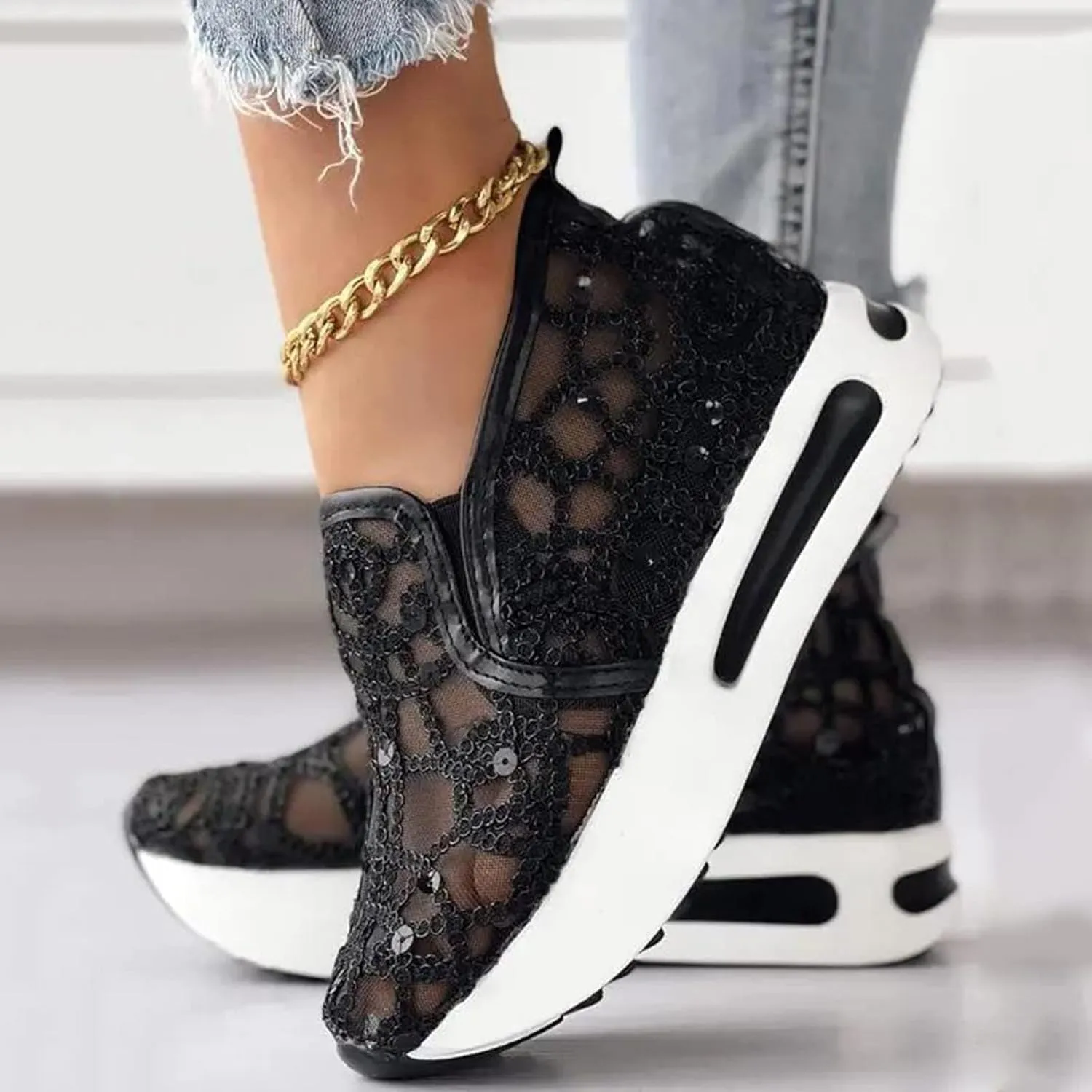 Slip On Sneakers Women Platform Wedge Sneakers Fashion Embroidery Floral Mesh Air Comfort Chunky Sole Hidden High Heels Slip On Loafers Breathable Walking Shoes with Arch Support
