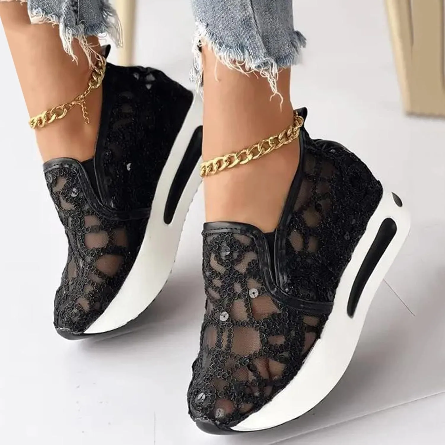 Slip On Sneakers Women Platform Wedge Sneakers Fashion Embroidery Floral Mesh Air Comfort Chunky Sole Hidden High Heels Slip On Loafers Breathable Walking Shoes with Arch Support