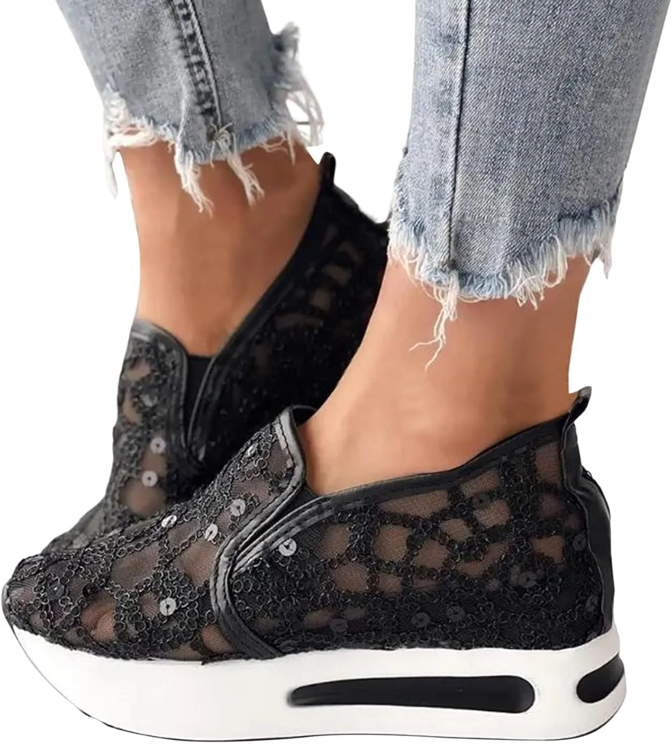 Slip On Sneakers Women Platform Wedge Sneakers Fashion Embroidery Floral Mesh Air Comfort Chunky Sole Hidden High Heels Slip On Loafers Breathable Walking Shoes with Arch Support