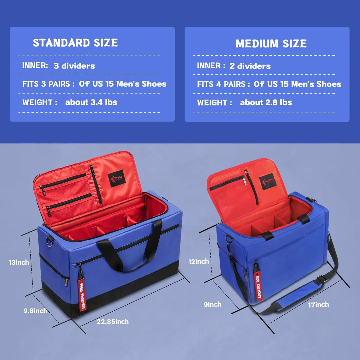Sneaker Bag for Travel/Sneakerhead gift/Outdoor Sports Bag/Gym Bag, Medium-Size Multi-functional Travel Duffel Bag with 2 Adjustable Dividers, & Shoulder Strap, Made of Nylon, by Krone Kalpasmos-Blue