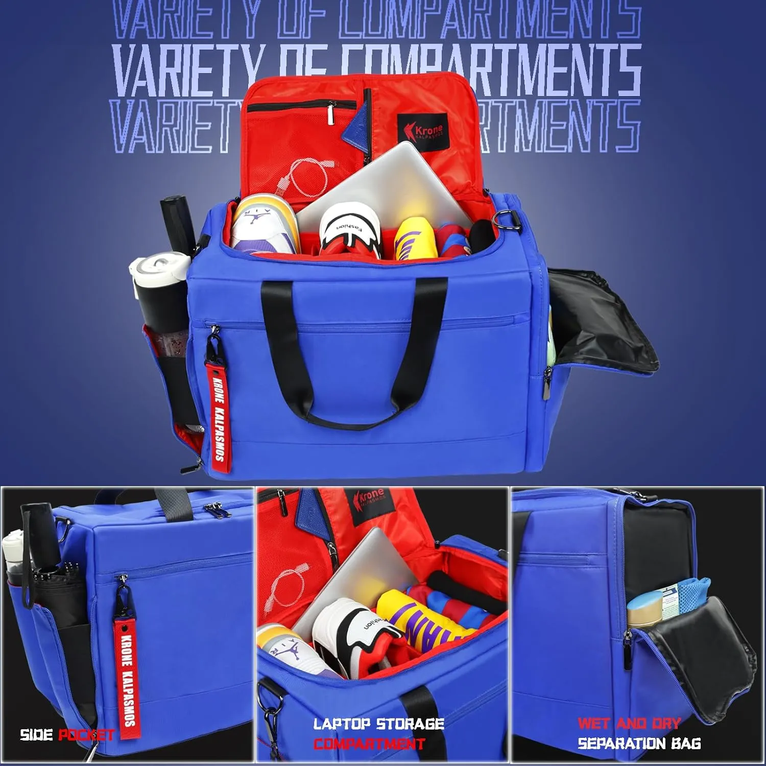 Sneaker Bag for Travel/Sneakerhead gift/Outdoor Sports Bag/Gym Bag, Medium-Size Multi-functional Travel Duffel Bag with 2 Adjustable Dividers, & Shoulder Strap, Made of Nylon, by Krone Kalpasmos-Blue