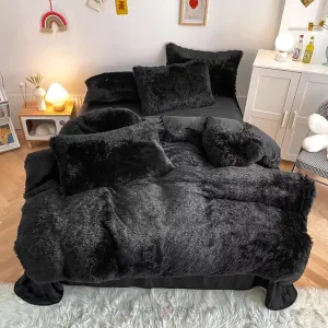 Soft Black Faux Fur Bedding Set
