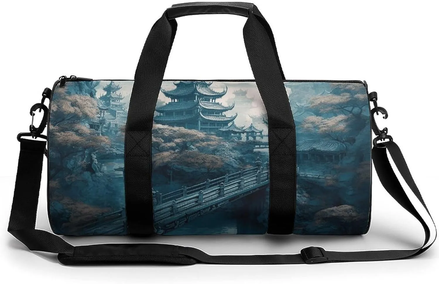 Sports Gym Bag for Men Women Asian Style Painting Travel Gym Bag Cylindrical Workout Bag Lightweight Travel Duffle Bag for Basketball Football Weekender