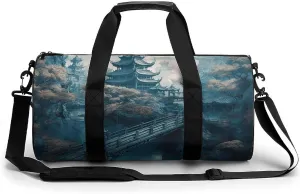 Sports Gym Bag for Men Women Asian Style Painting Travel Gym Bag Cylindrical Workout Bag Lightweight Travel Duffle Bag for Basketball Football Weekender