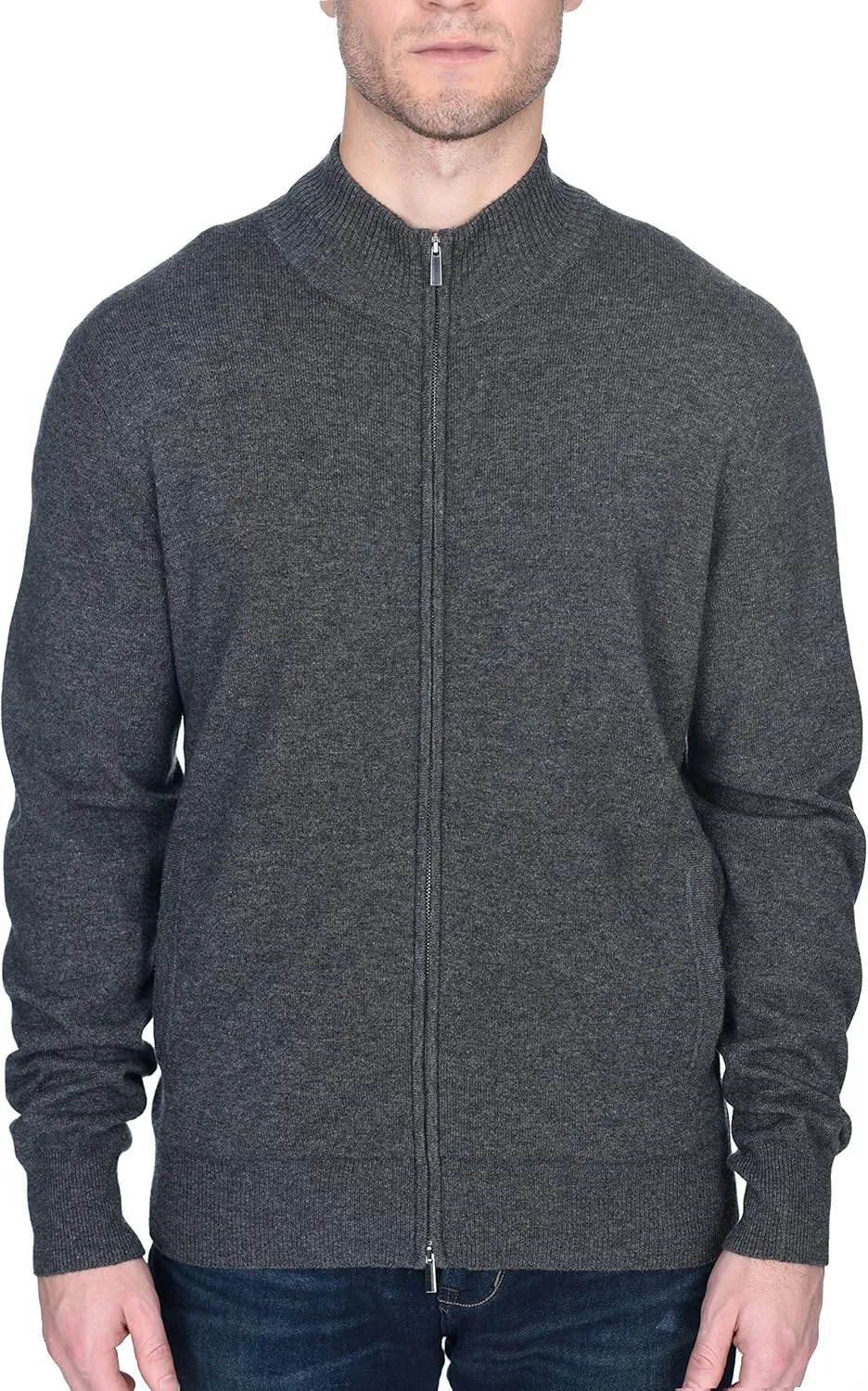 State Fusio Men's Full Zip Up Cardigan Cashmere Merino Wool Mock Neck Long Sleeve Sweater