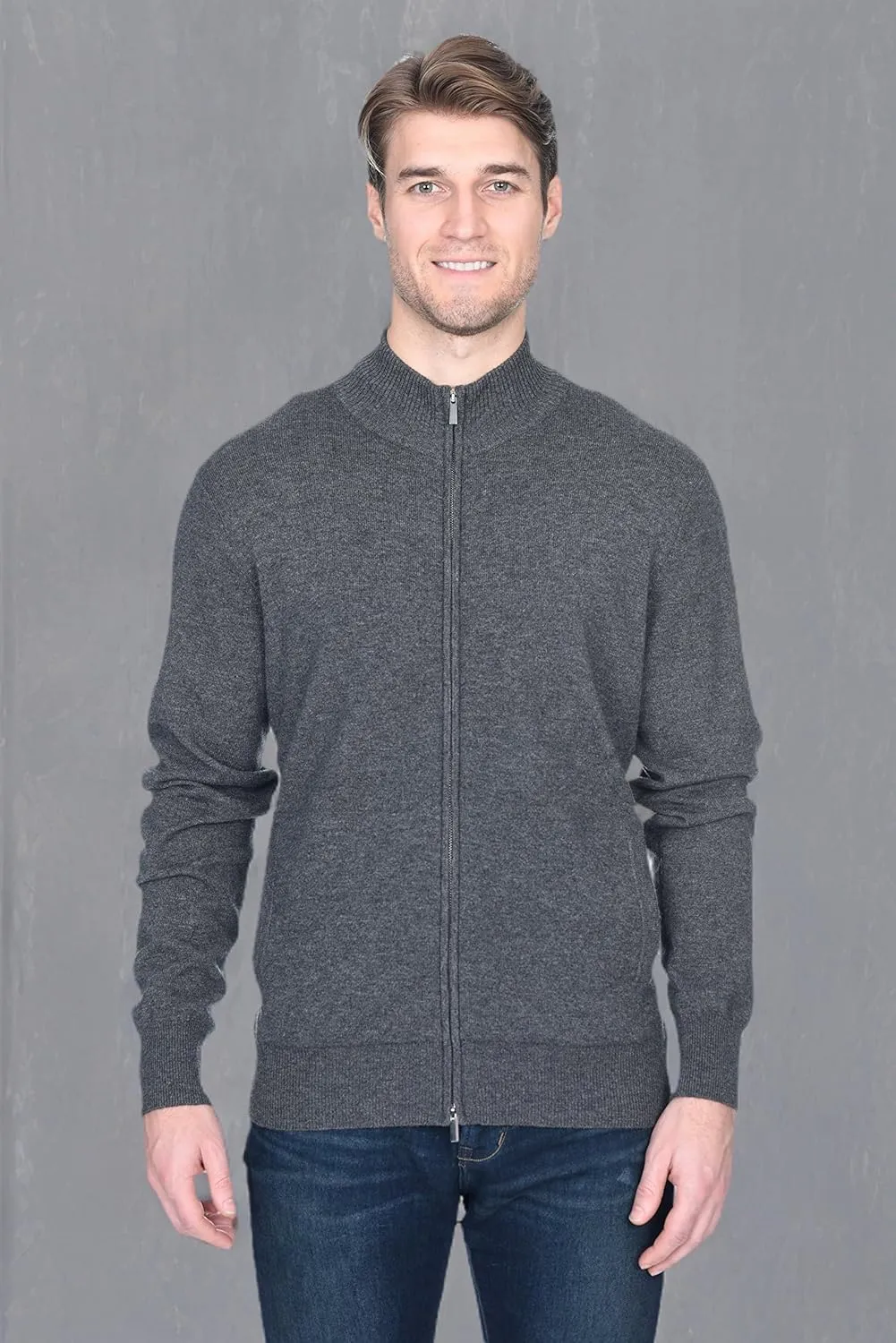 State Fusio Men's Full Zip Up Cardigan Cashmere Merino Wool Mock Neck Long Sleeve Sweater