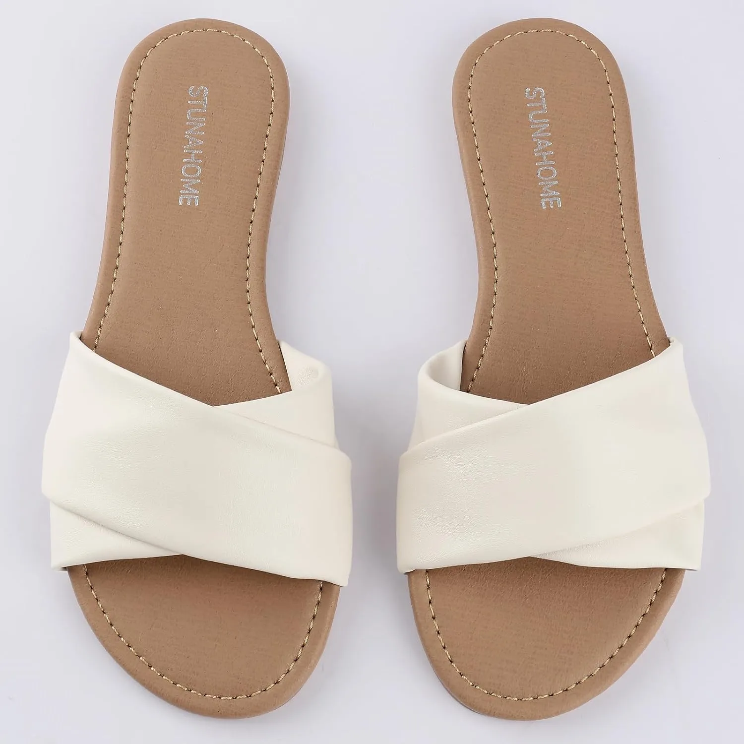 STUNAHOME Womens Flat Sandals Summer Slip On Slides Round Toe Leather Sandals Crisscross Slippers