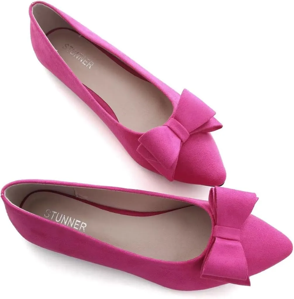 Stunner Womens Bowknot Flower Ballet Flats Pointed Toe Soft Dress Shoes