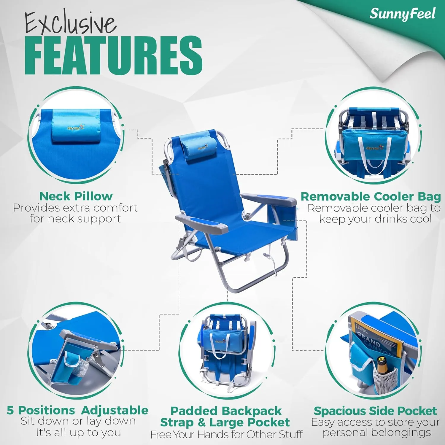 SUNNYFEEL Beach Chairs for Adults 2 Pack 5 Position Lay Flat, Portable Folding Backpack Beach Chair Heavy Duty with Cooler Bag, Cup Holder for Outdoor/Lawn/Picnic, Foldable Camping Chair