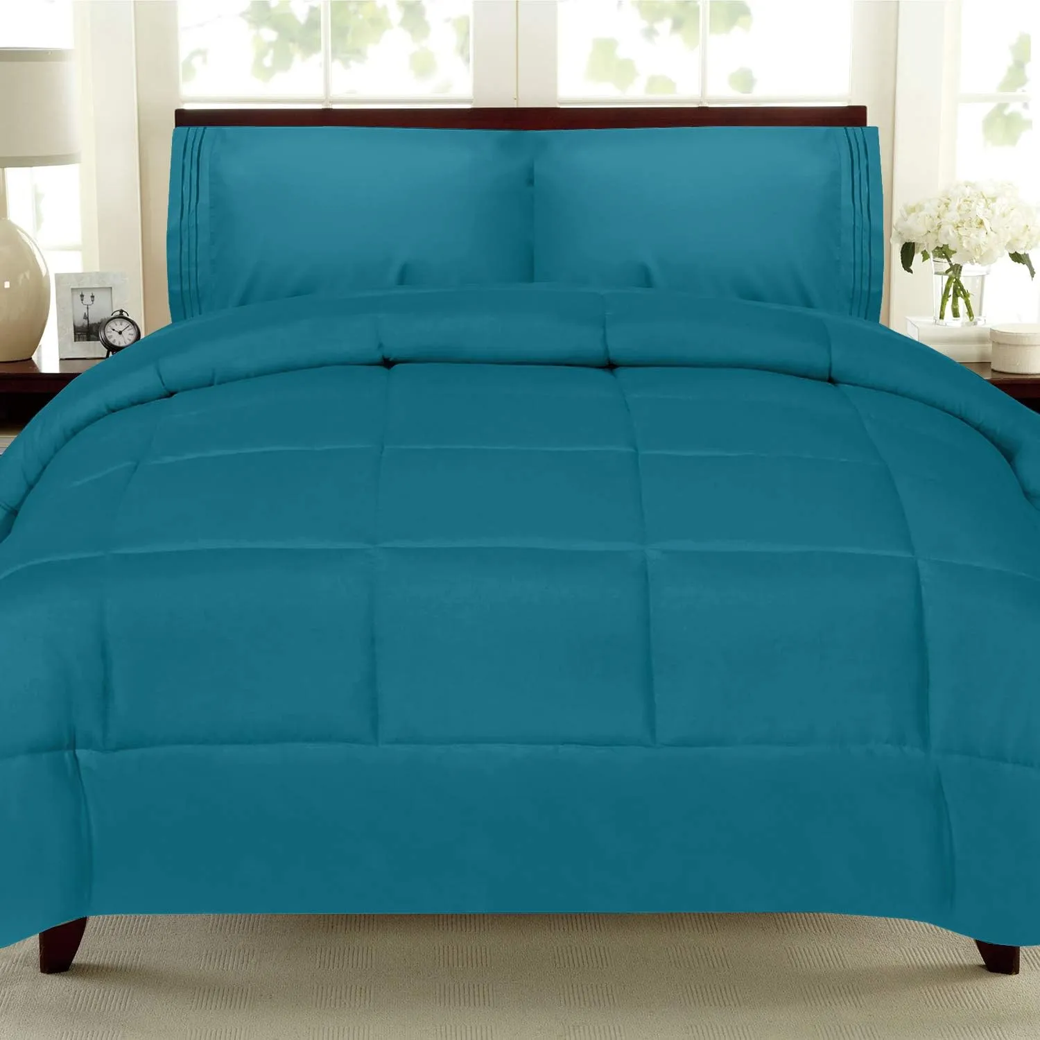 Sweet Home Collection 5 Piece Comforter Set Bag Solid Color All Season Soft Down Alternative Blanket & Luxurious Microfiber Bed Sheets Full Teal