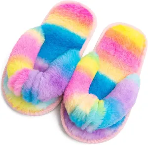 techcity Boys Girls Fuzzy Flip Flop Slippers Kids Cute Soft Comfy Open Toe Fluffy Slip On Thong Flat Sandals House Home Fur Slides Indoor Outdoor