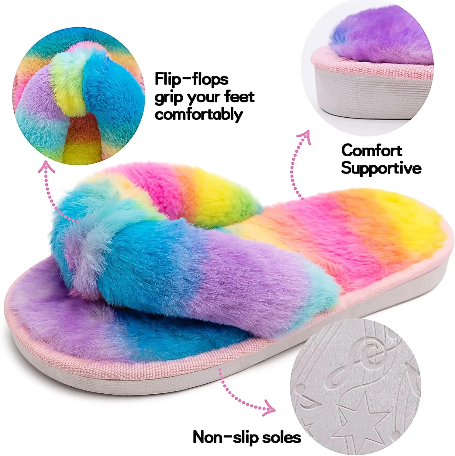 techcity Boys Girls Fuzzy Flip Flop Slippers Kids Cute Soft Comfy Open Toe Fluffy Slip On Thong Flat Sandals House Home Fur Slides Indoor Outdoor