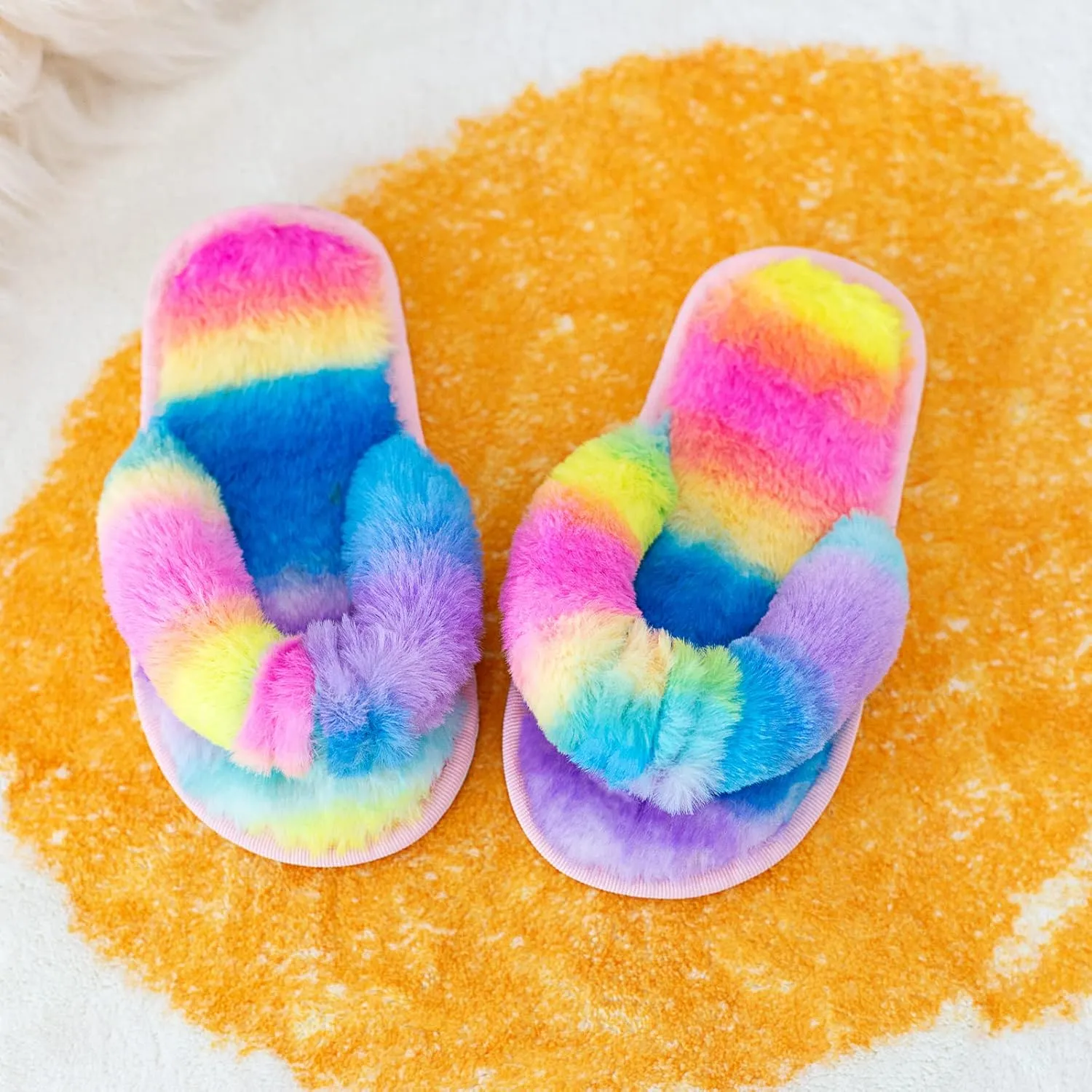 techcity Boys Girls Fuzzy Flip Flop Slippers Kids Cute Soft Comfy Open Toe Fluffy Slip On Thong Flat Sandals House Home Fur Slides Indoor Outdoor