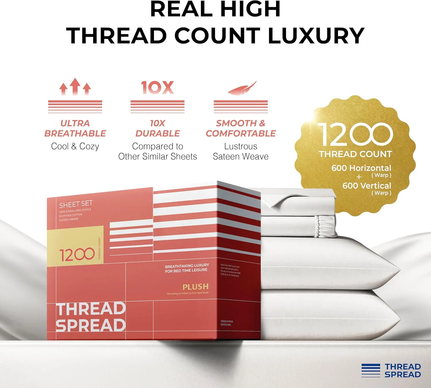 THREAD SPREAD 100% Egyptian Cotton Queen Sheets Set - 1200 Thread Count Luxury Egyptian Cotton Sheets Queen Size Deep Pocket (4 PC, White), Soft, Cooling, Sateen Weave High Thread Count Sheet Set