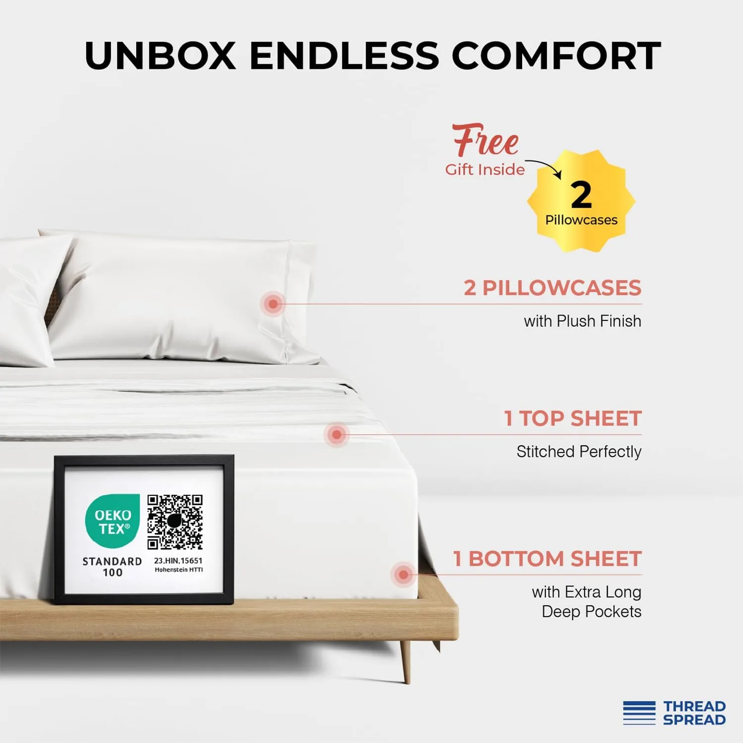 THREAD SPREAD 100% Egyptian Cotton Queen Sheets Set - 1200 Thread Count Luxury Egyptian Cotton Sheets Queen Size Deep Pocket (4 PC, White), Soft, Cooling, Sateen Weave High Thread Count Sheet Set