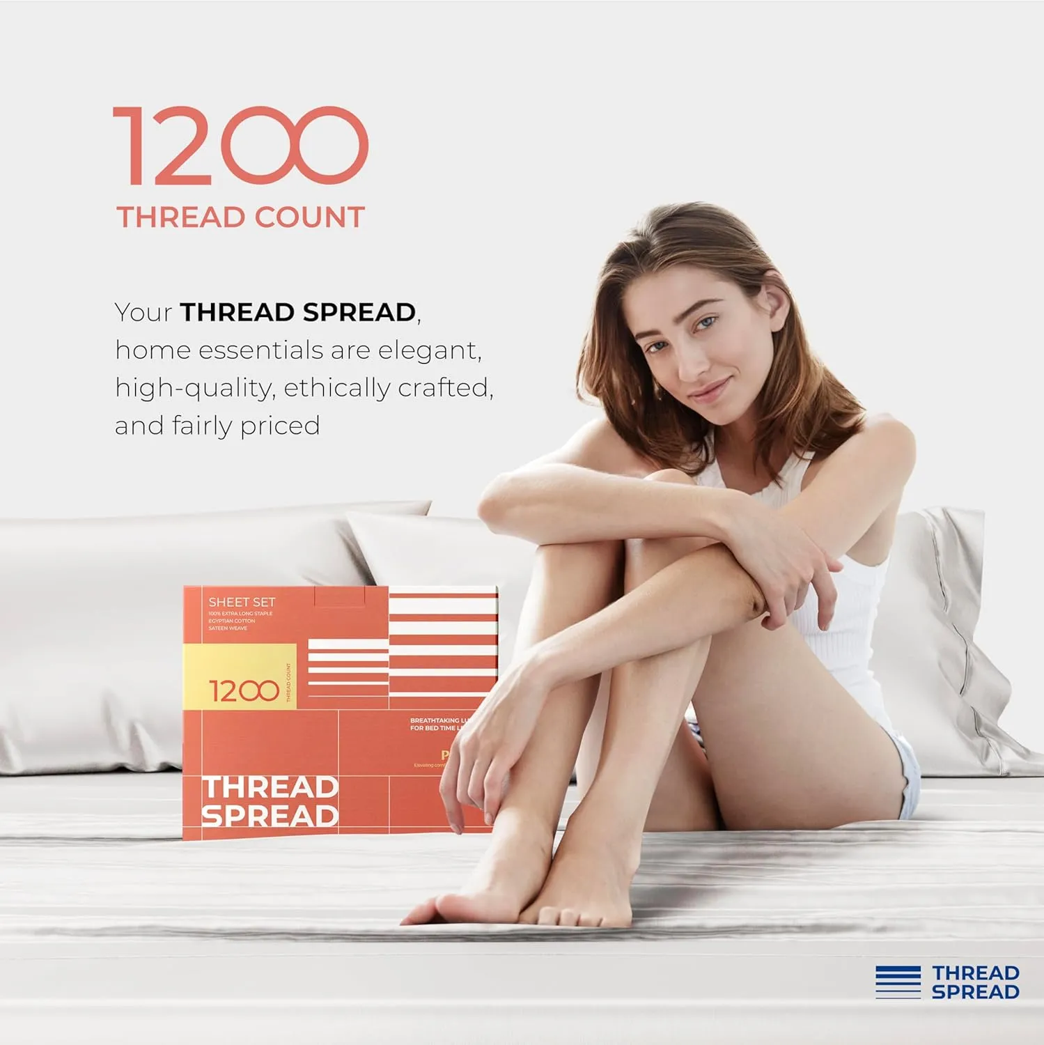 THREAD SPREAD 100% Egyptian Cotton Queen Sheets Set - 1200 Thread Count Luxury Egyptian Cotton Sheets Queen Size Deep Pocket (4 PC, White), Soft, Cooling, Sateen Weave High Thread Count Sheet Set