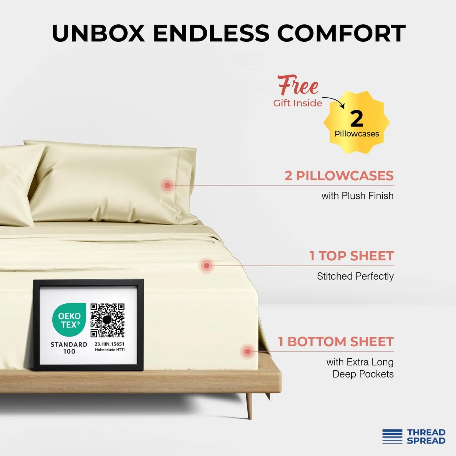 THREAD SPREAD 100% Egyptian Cotton Sheets Queen Size - 1200 Thread Count 4 PC Sheet Set Egyptian Cotton, Sateen Weave Luxury Sheets Queen Size, High Thread Count Sheets, 17" Deep Pocket - Ivory