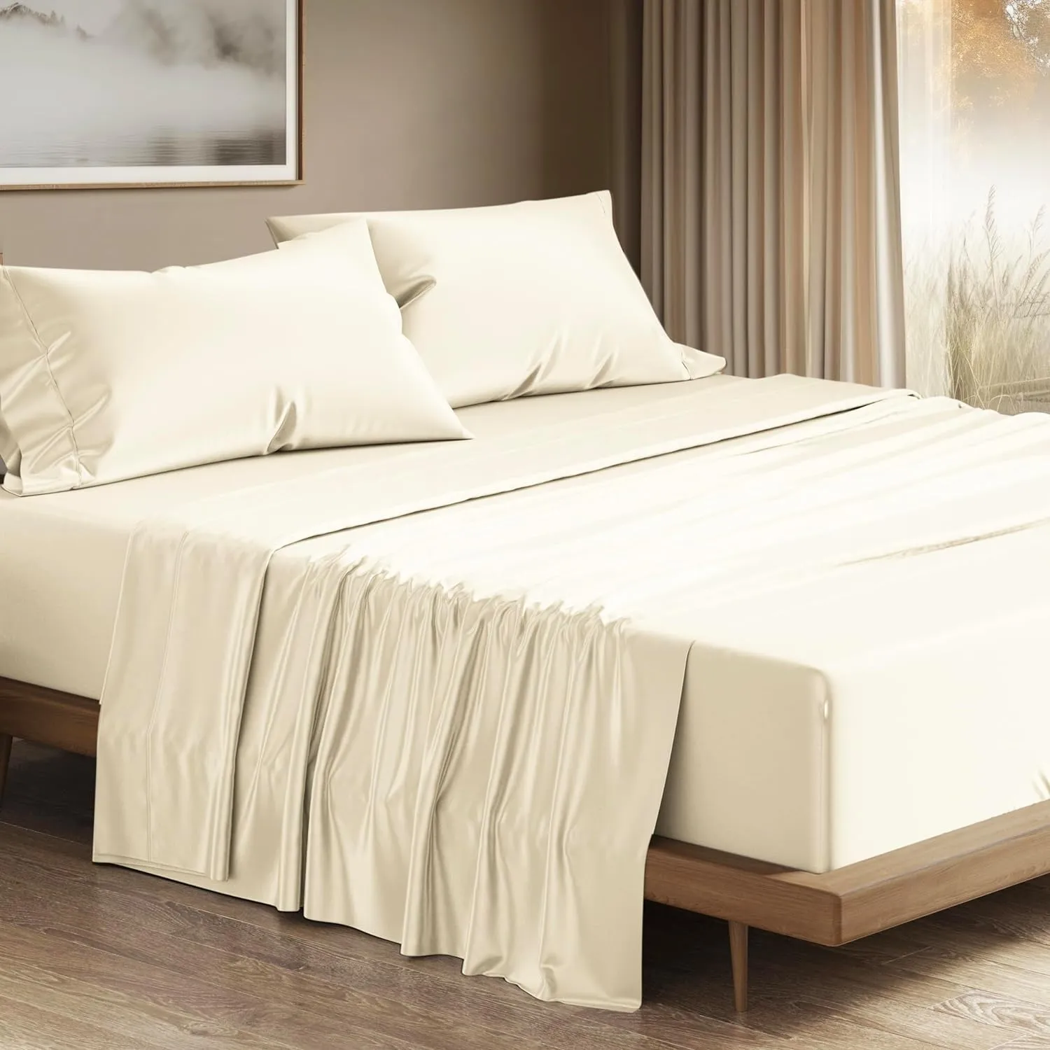 THREAD SPREAD 100% Egyptian Cotton Sheets Queen Size - 1200 Thread Count 4 PC Sheet Set Egyptian Cotton, Sateen Weave Luxury Sheets Queen Size, High Thread Count Sheets, 17" Deep Pocket - Ivory