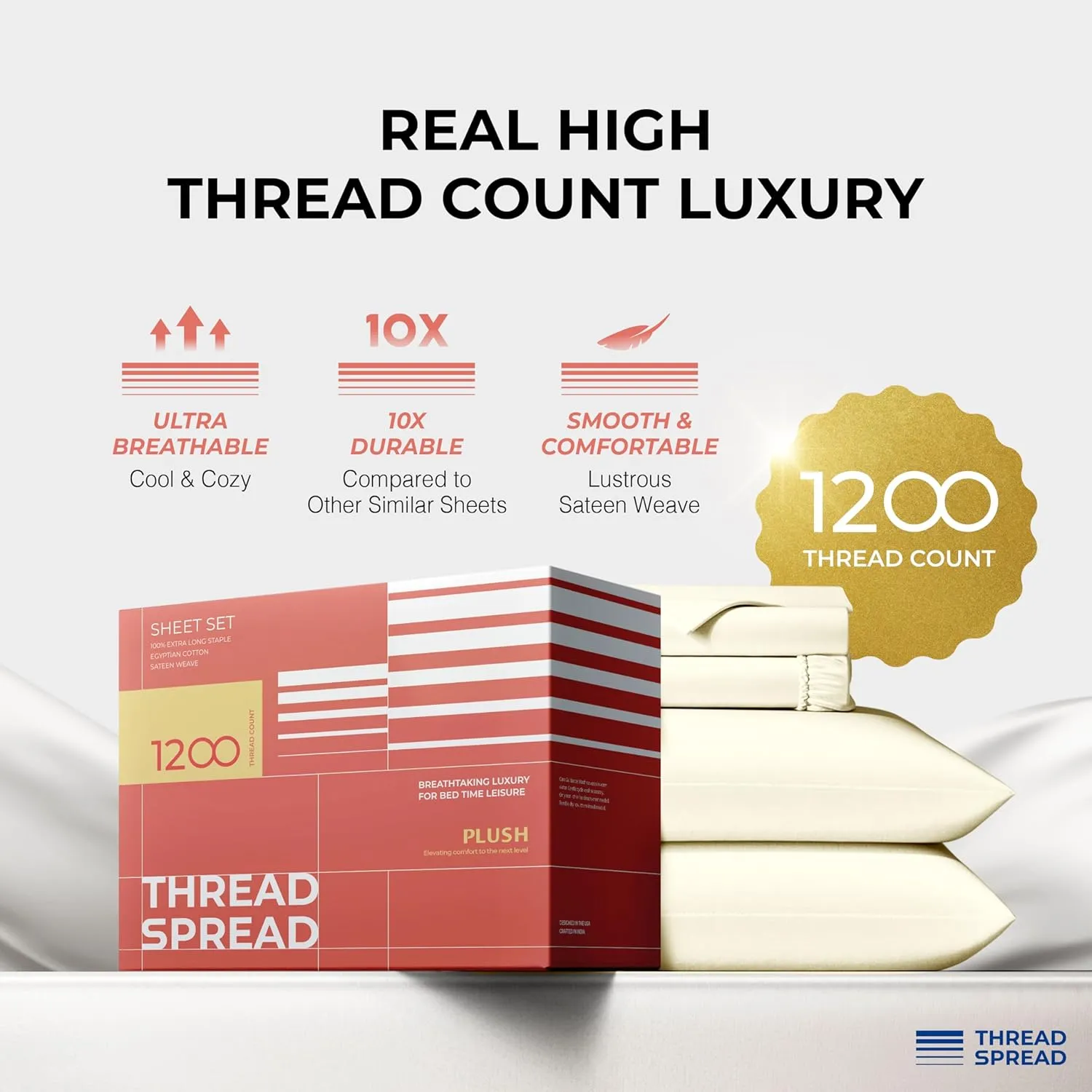 THREAD SPREAD 100% Egyptian Cotton Sheets Queen Size - 1200 Thread Count 4 PC Sheet Set Egyptian Cotton, Sateen Weave Luxury Sheets Queen Size, High Thread Count Sheets, 17" Deep Pocket - Ivory