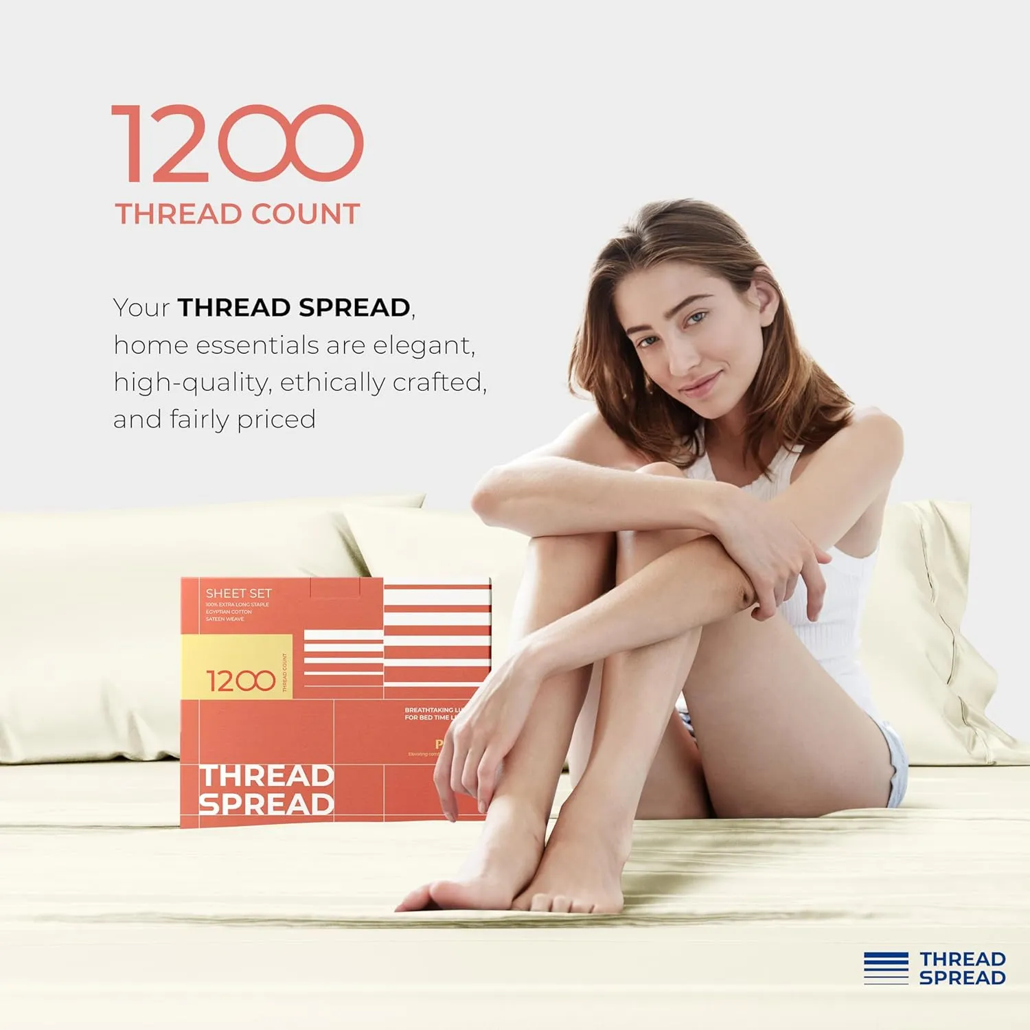 THREAD SPREAD 100% Egyptian Cotton Sheets Queen Size - 1200 Thread Count 4 PC Sheet Set Egyptian Cotton, Sateen Weave Luxury Sheets Queen Size, High Thread Count Sheets, 17" Deep Pocket - Ivory