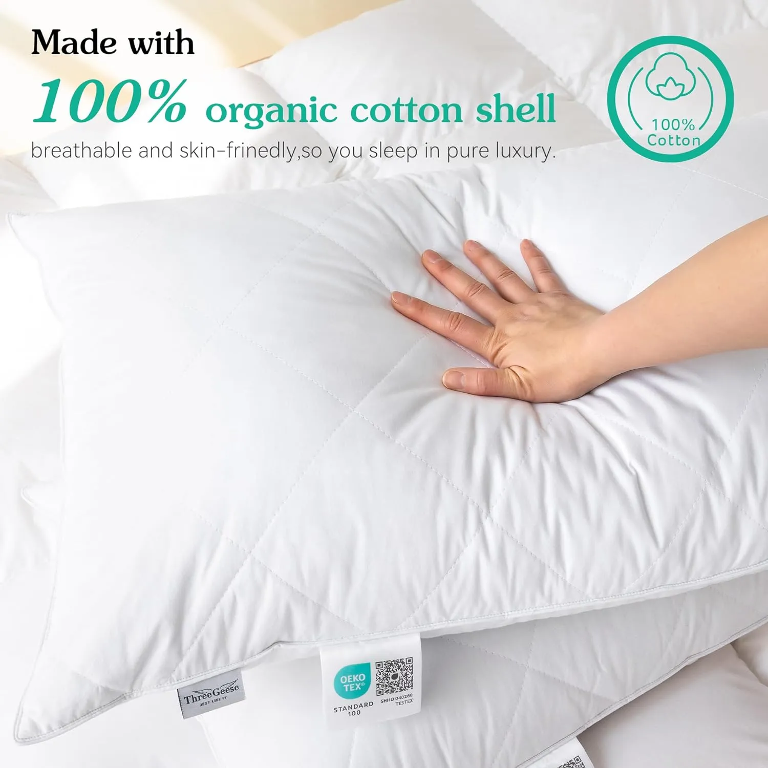 Three Geese White Goose Feather Polyester Bed Pillows Queen/Standard Size Set of 2- Soft 600 Thread Count 100% Cotton, Medium Firm,Soft Support Surround Fill Polyfiber,White Solid