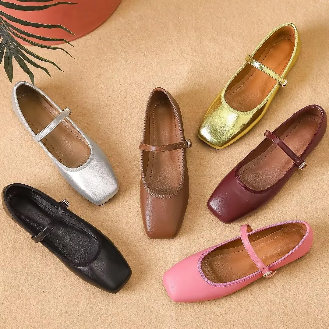 TN TANGNEST Flats for Women Classical Square Toe Mary Jane Flats Soft One Line Strap Flats Slip On Flats