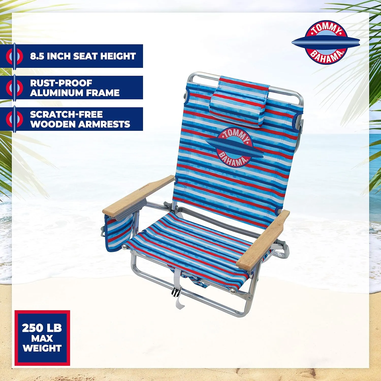 Tommy Bahama 5-Position Classic Lay Flat Folding Backpack Beach Chair, Aluminum , Red, White, and Blue Stripe