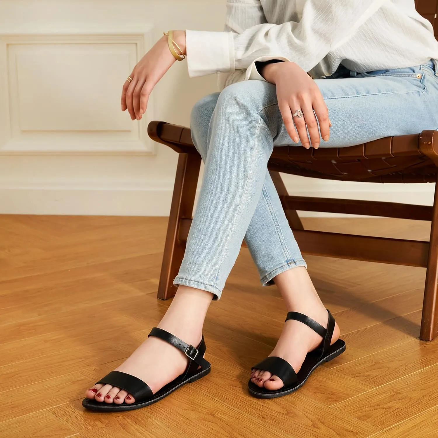 Trary Women's Dressy Summer Leather Flat Ankle Strap Gladiator Open Toe One Band Two Tone Adjustable Metal Buckle Comfortable Wedding Sandals
