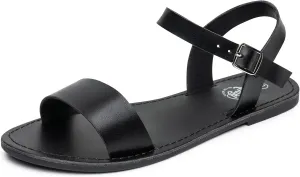 Trary Women's Dressy Summer Leather Flat Ankle Strap Gladiator Open Toe One Band Two Tone Adjustable Metal Buckle Comfortable Wedding Sandals