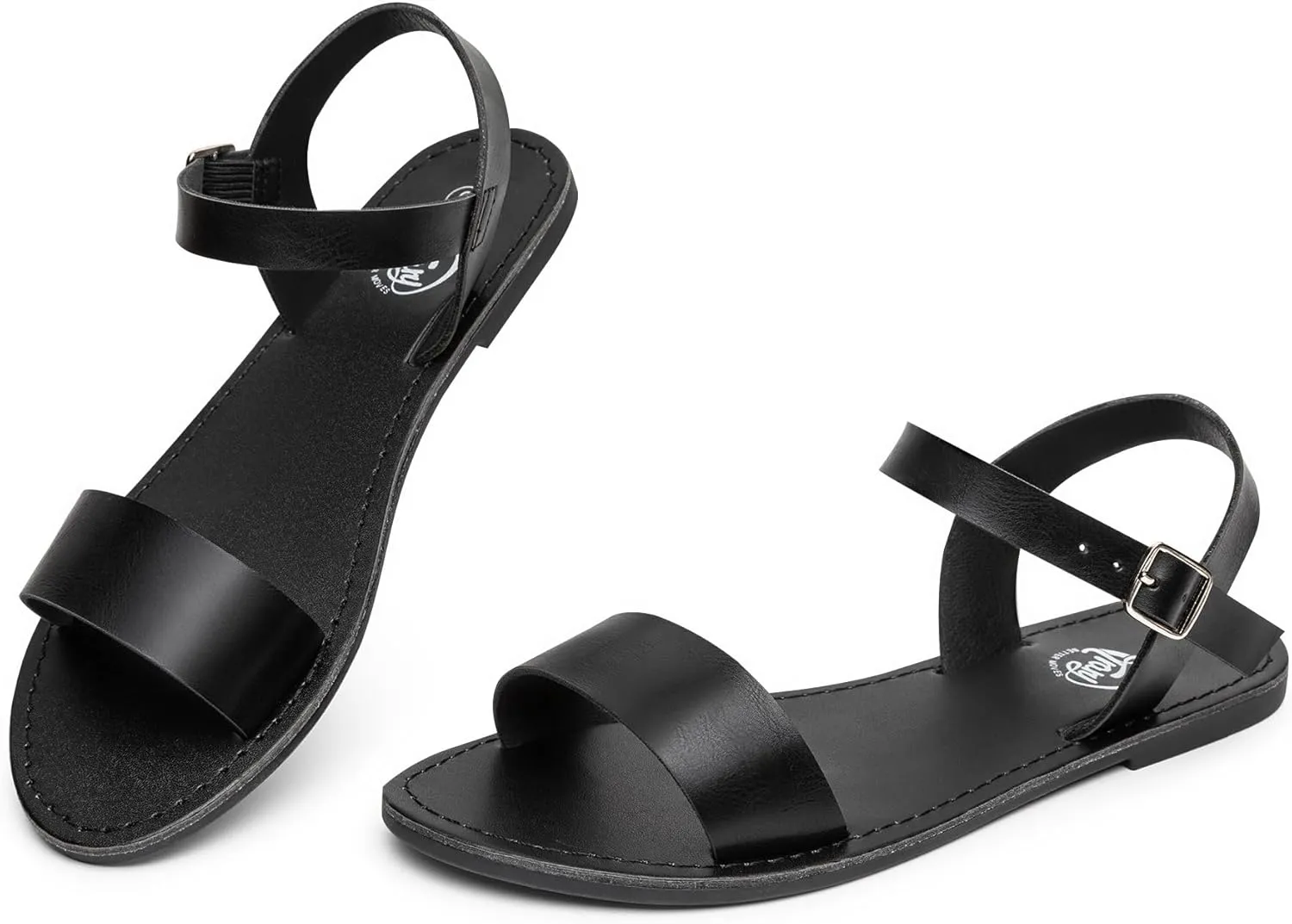 Trary Women's Dressy Summer Leather Flat Ankle Strap Gladiator Open Toe One Band Two Tone Adjustable Metal Buckle Comfortable Wedding Sandals
