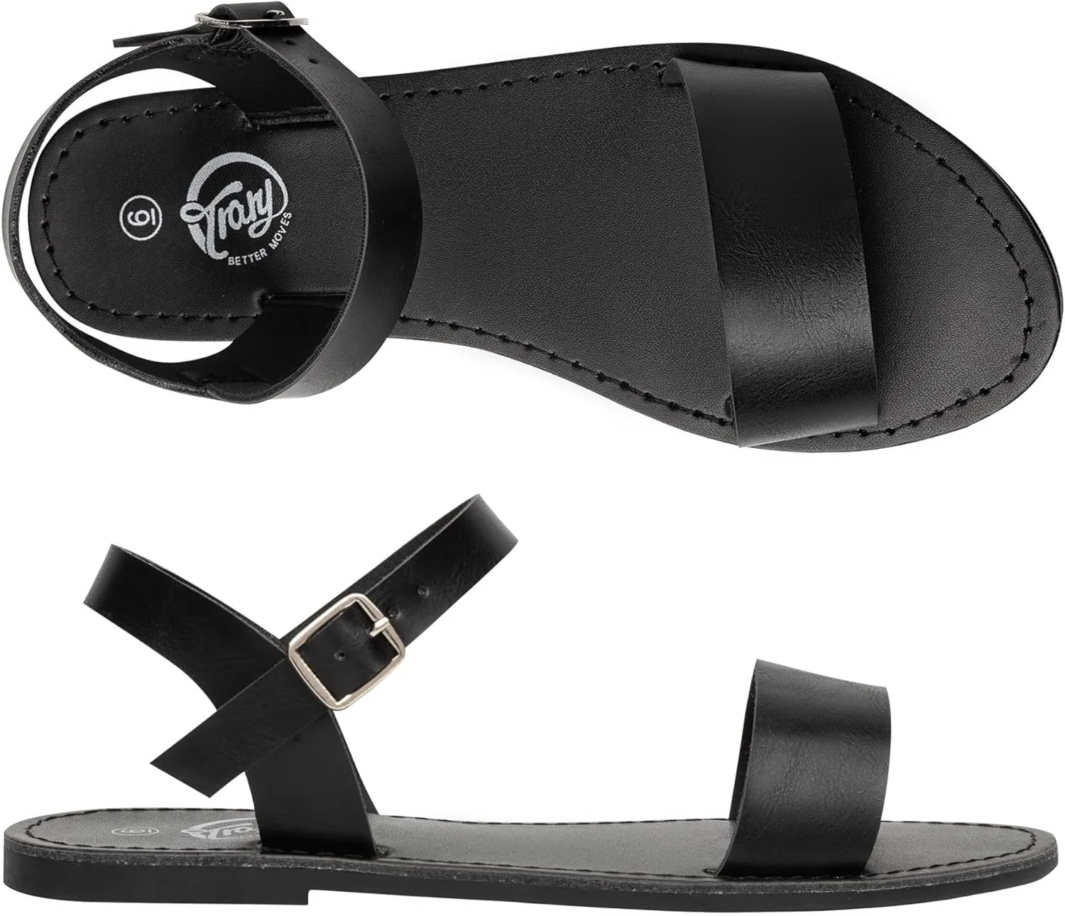 Trary Women's Dressy Summer Leather Flat Ankle Strap Gladiator Open Toe One Band Two Tone Adjustable Metal Buckle Comfortable Wedding Sandals