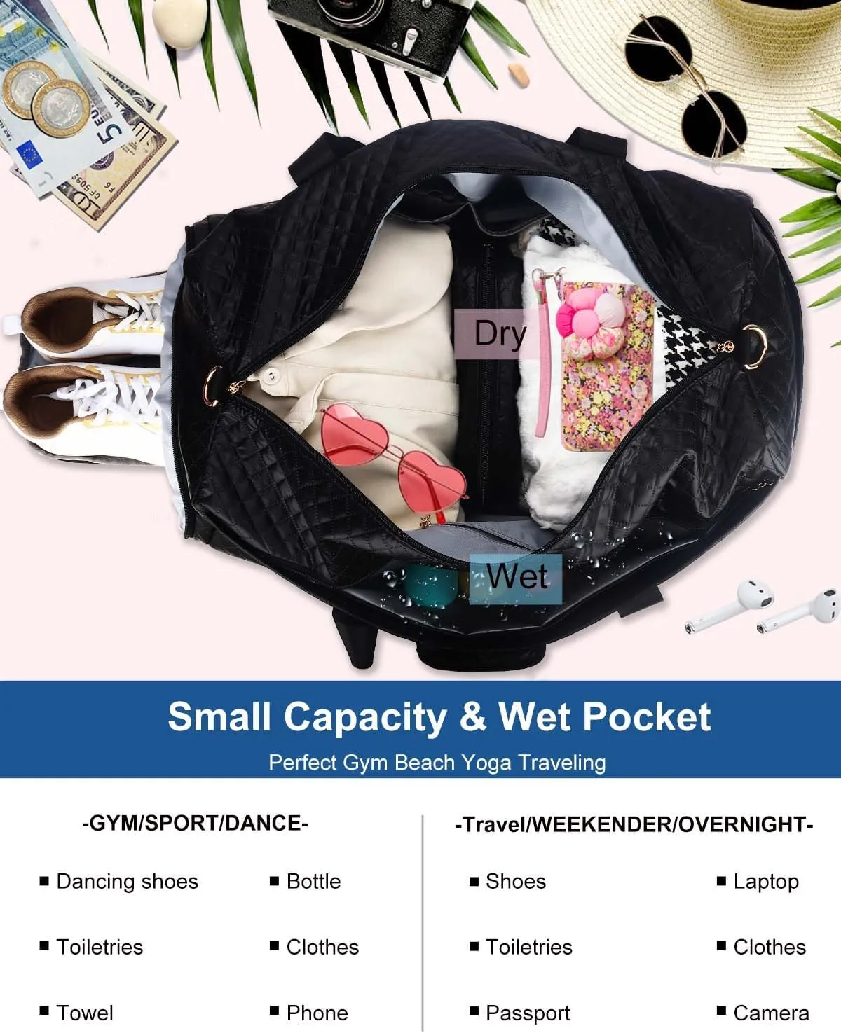 Travel Duffel for Women - Weekender With Toiletry Bag, Shoe Compartment, Wet Pocket - Carry On for Business Trips, Sports, Hospital - Overnight Gym Bag