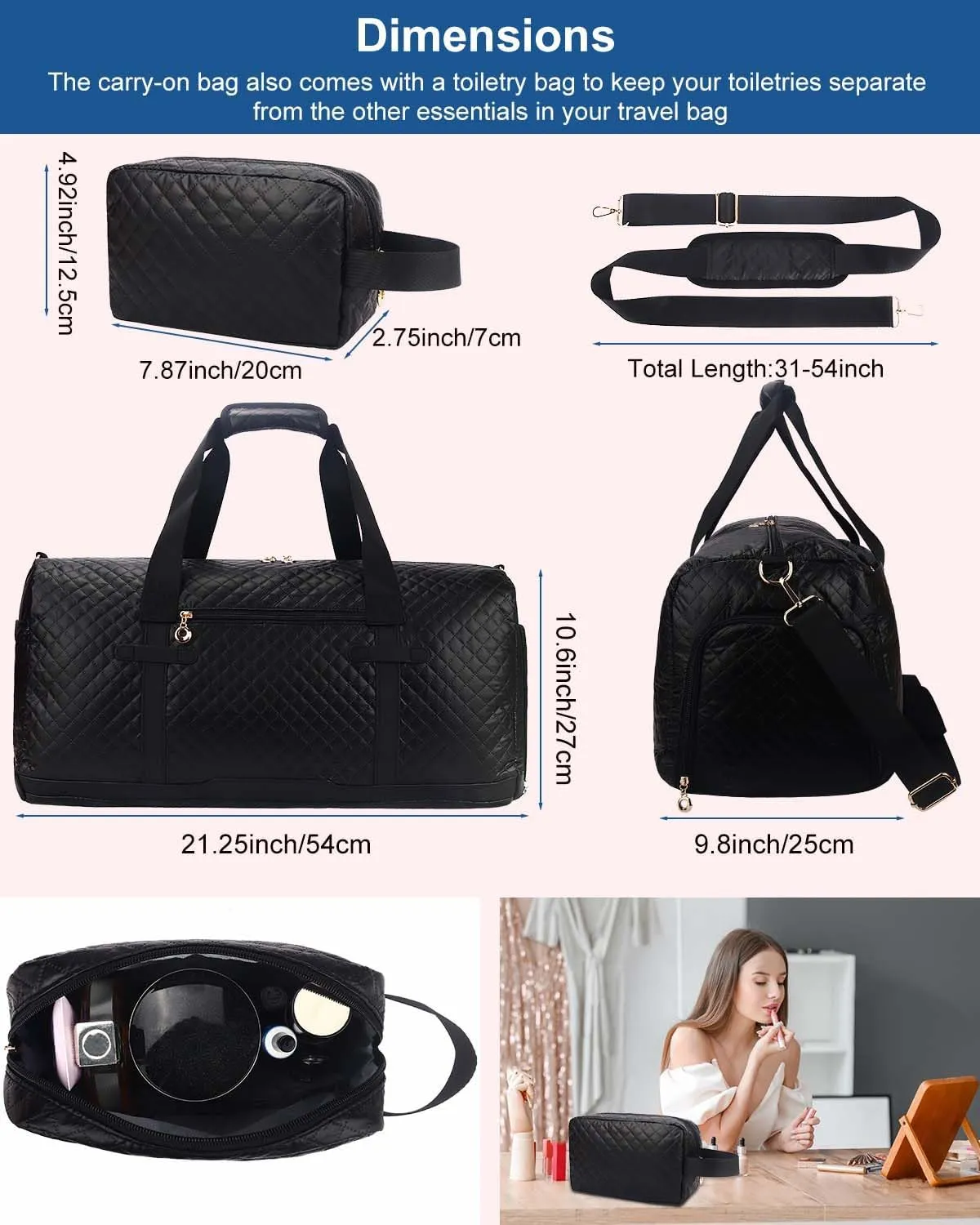 Travel Duffel for Women - Weekender With Toiletry Bag, Shoe Compartment, Wet Pocket - Carry On for Business Trips, Sports, Hospital - Overnight Gym Bag