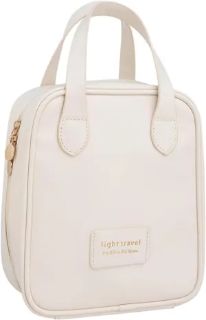 Travel Makeup Bag,Travel Cosmetic Bags, Waterproof Cosmetic Bag, PU Leather Handheld Cosmetic Organizer with Top Handle(White)