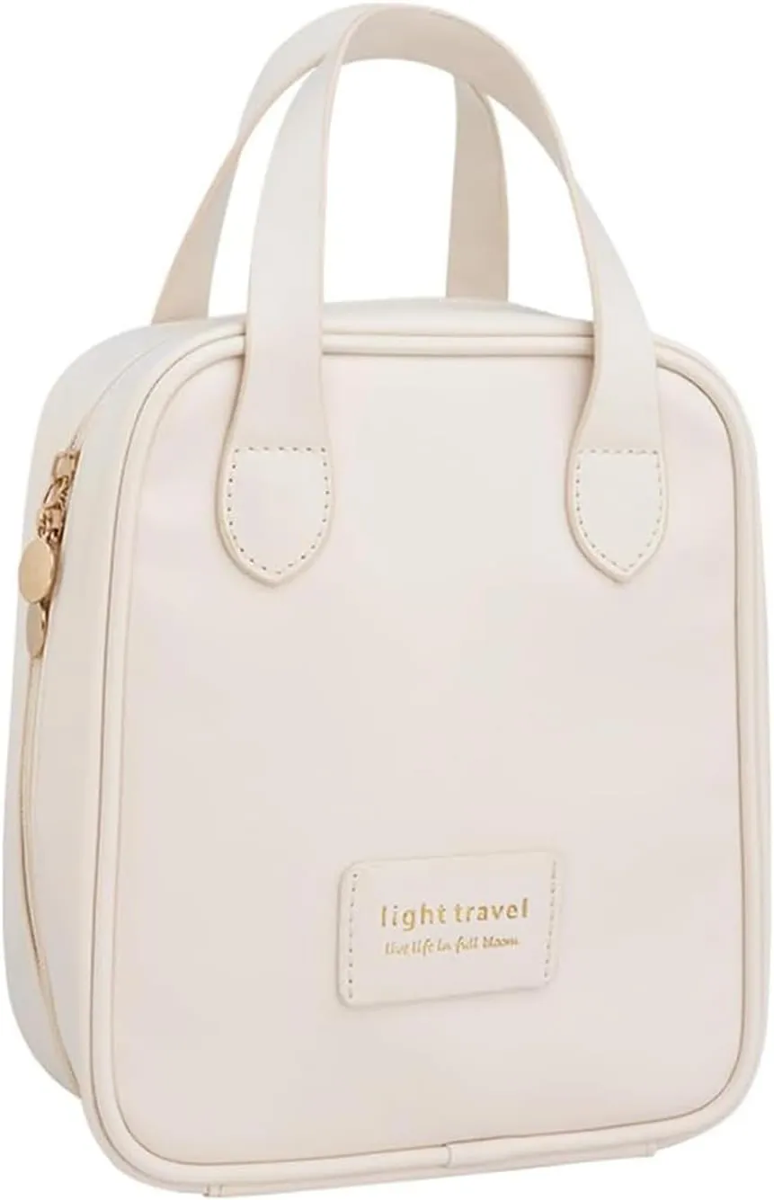 Travel Makeup Bag,Travel Cosmetic Bags, Waterproof Cosmetic Bag, PU Leather Handheld Cosmetic Organizer with Top Handle(White)