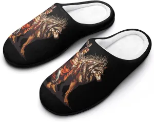 Tribal Chief & Wolf Women's Cotton Slippers with Memory Foam Sole Slip On House Shoes Outdoor Indoor