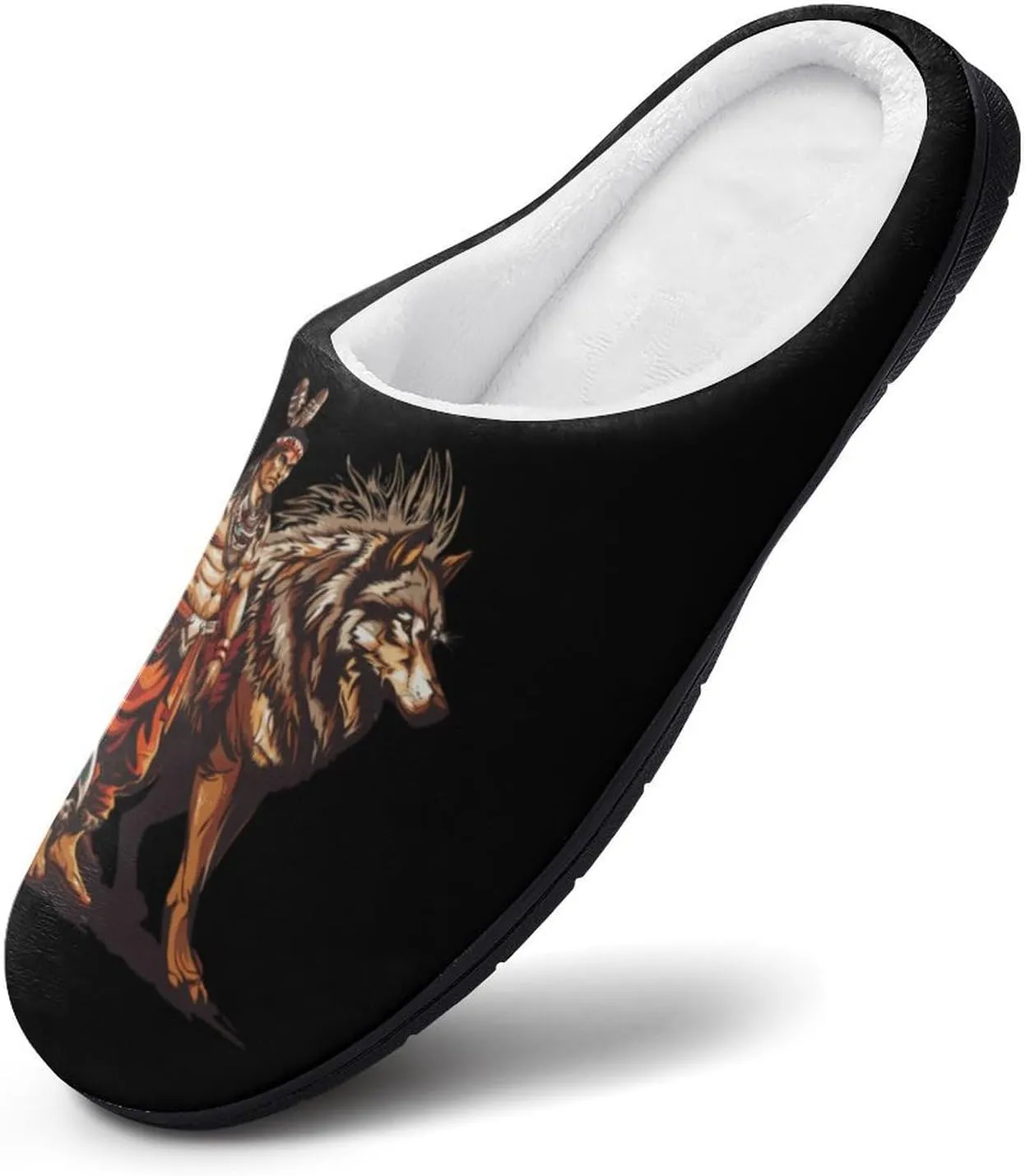 Tribal Chief & Wolf Women's Cotton Slippers with Memory Foam Sole Slip On House Shoes Outdoor Indoor