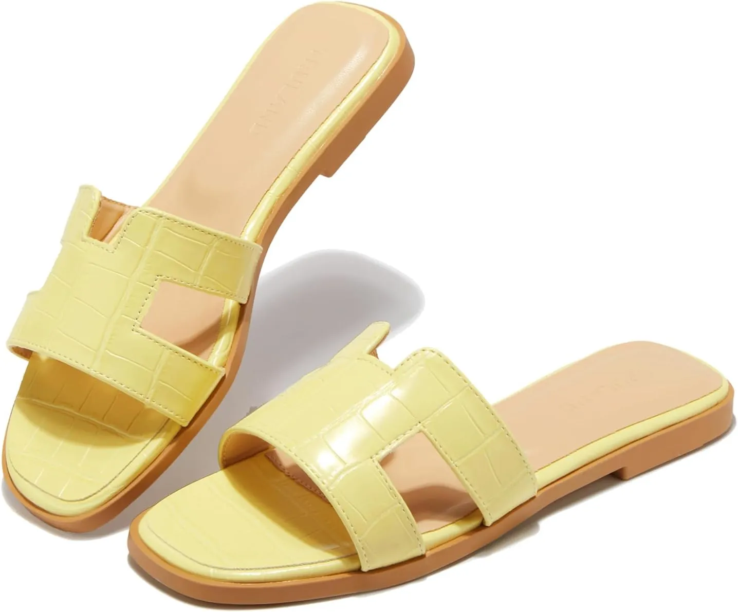 TRULAND H Strap Flat Slide Sandals for Women - Cute Fashion Open Square Toe Summer Dressy Sandals