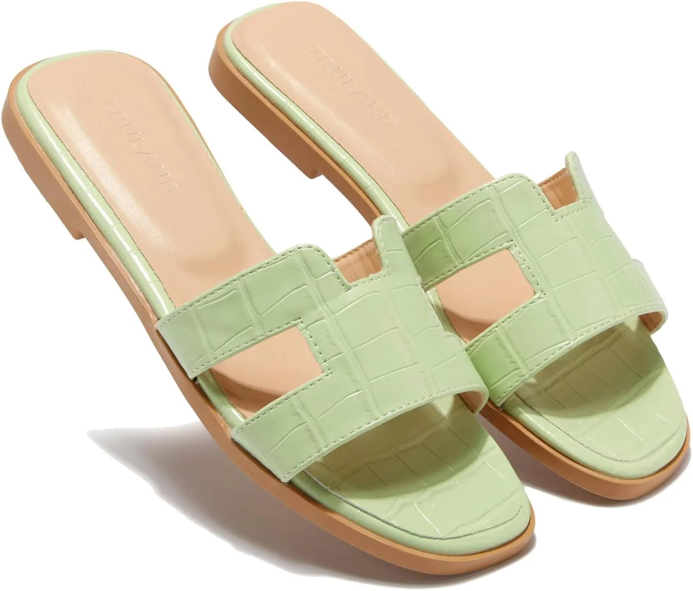 TRULAND H Strap Flat Slide Sandals for Women - Cute Fashion Open Square Toe Summer Dressy Sandals