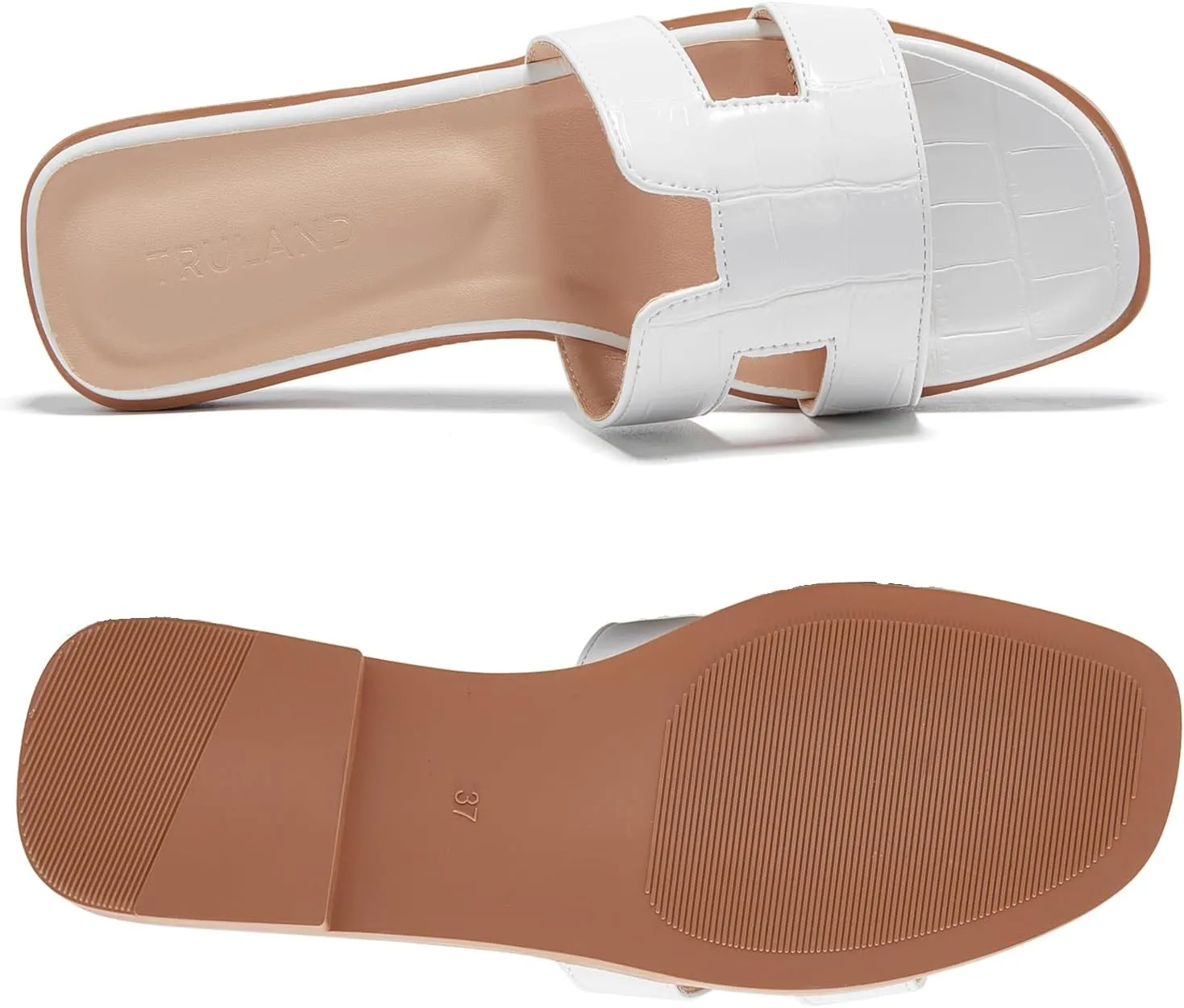 TRULAND H Strap Flat Slide Sandals for Women - Cute Fashion Open Square Toe Summer Dressy Sandals