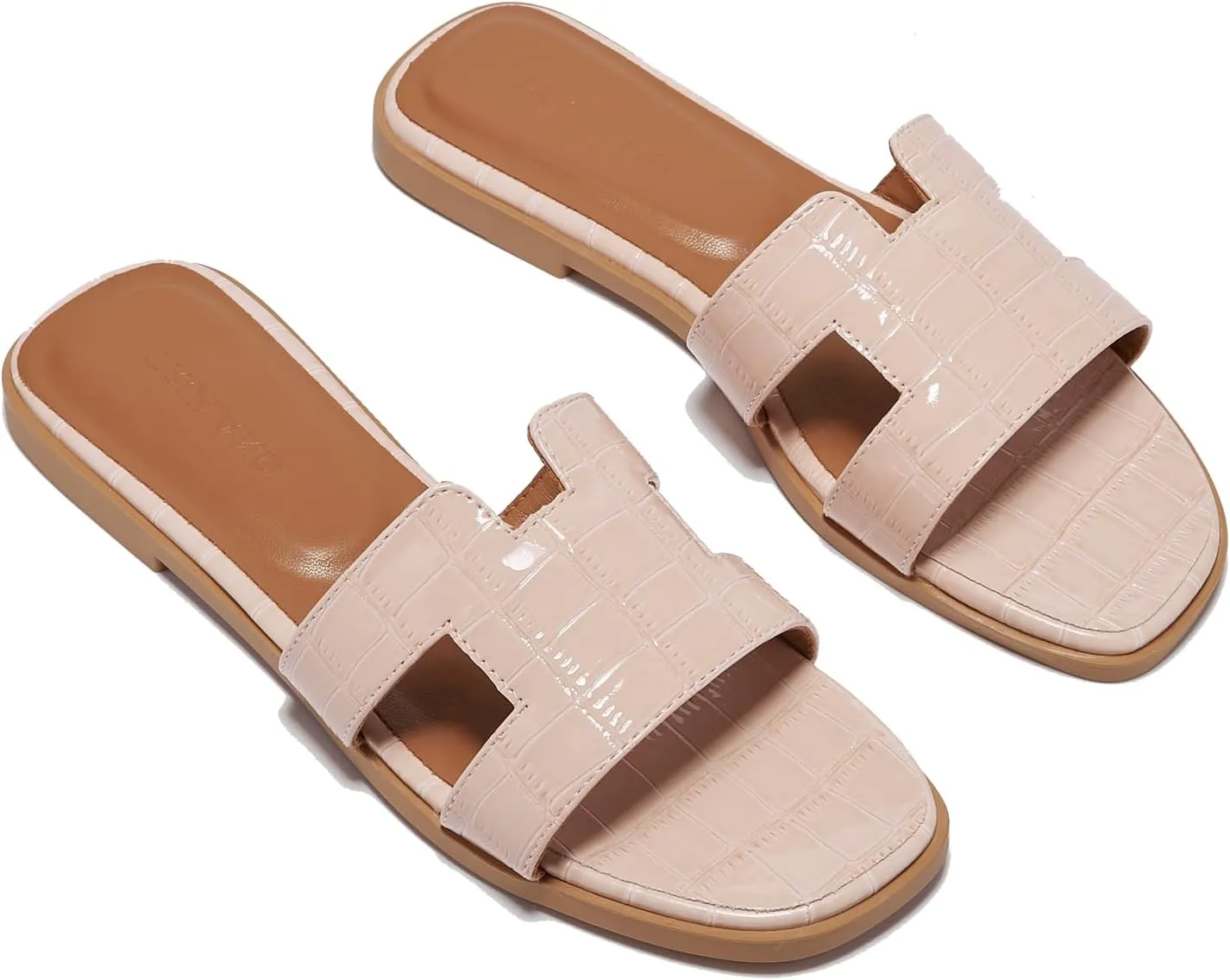 TRULAND H Strap Flat Slide Sandals for Women - Cute Fashion Open Square Toe Summer Dressy Sandals