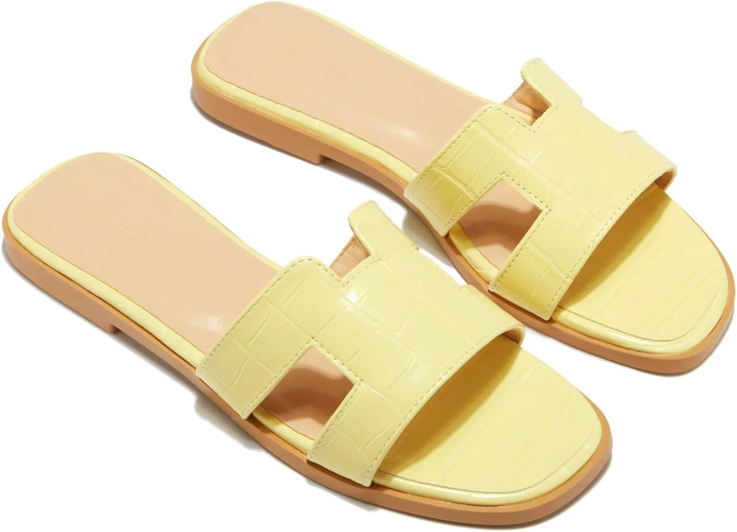 TRULAND H Strap Flat Slide Sandals for Women - Cute Fashion Open Square Toe Summer Dressy Sandals