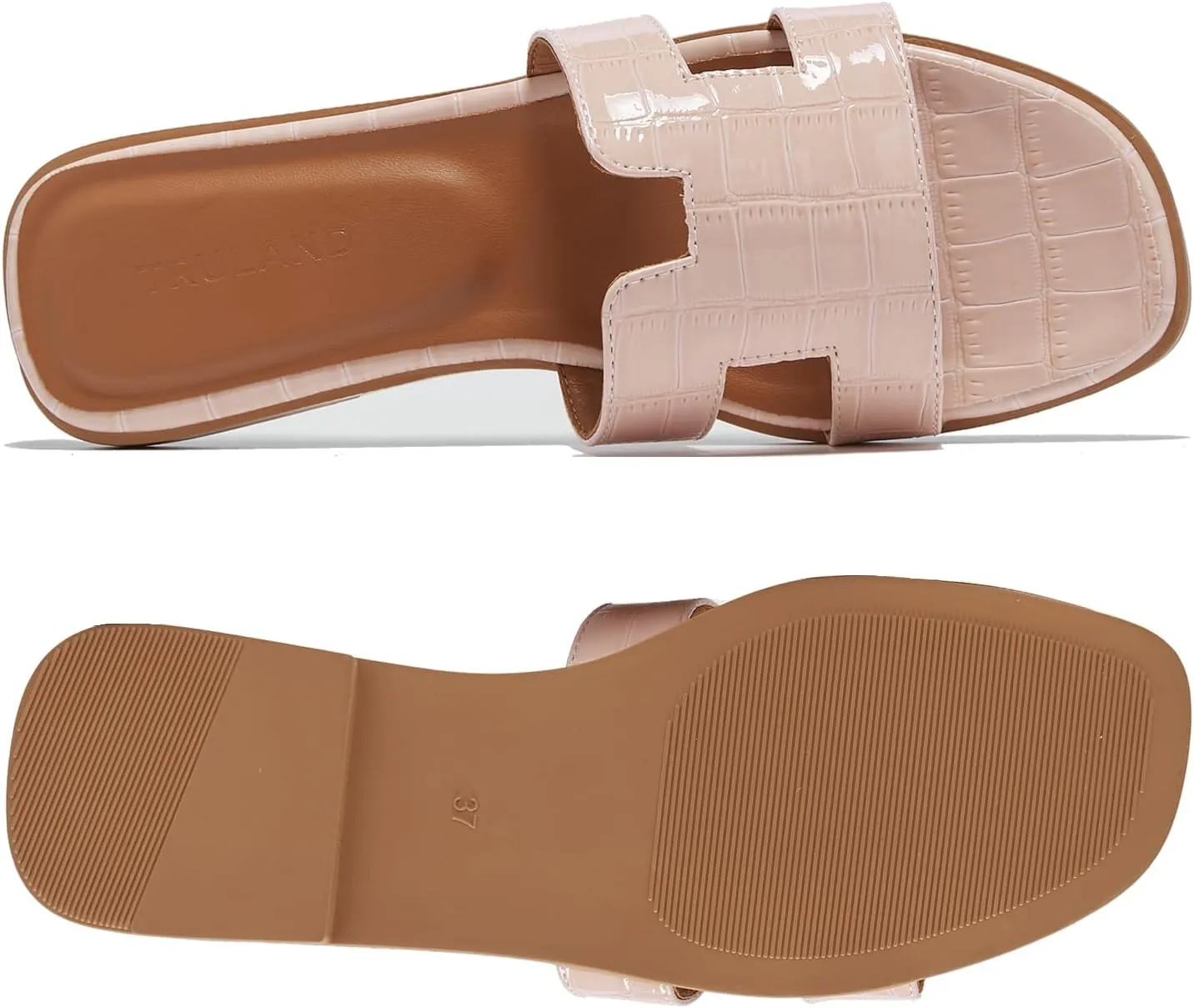 TRULAND H Strap Flat Slide Sandals for Women - Cute Fashion Open Square Toe Summer Dressy Sandals