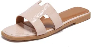 TRULAND H Strap Flat Slide Sandals for Women - Cute Fashion Open Square Toe Summer Dressy Sandals