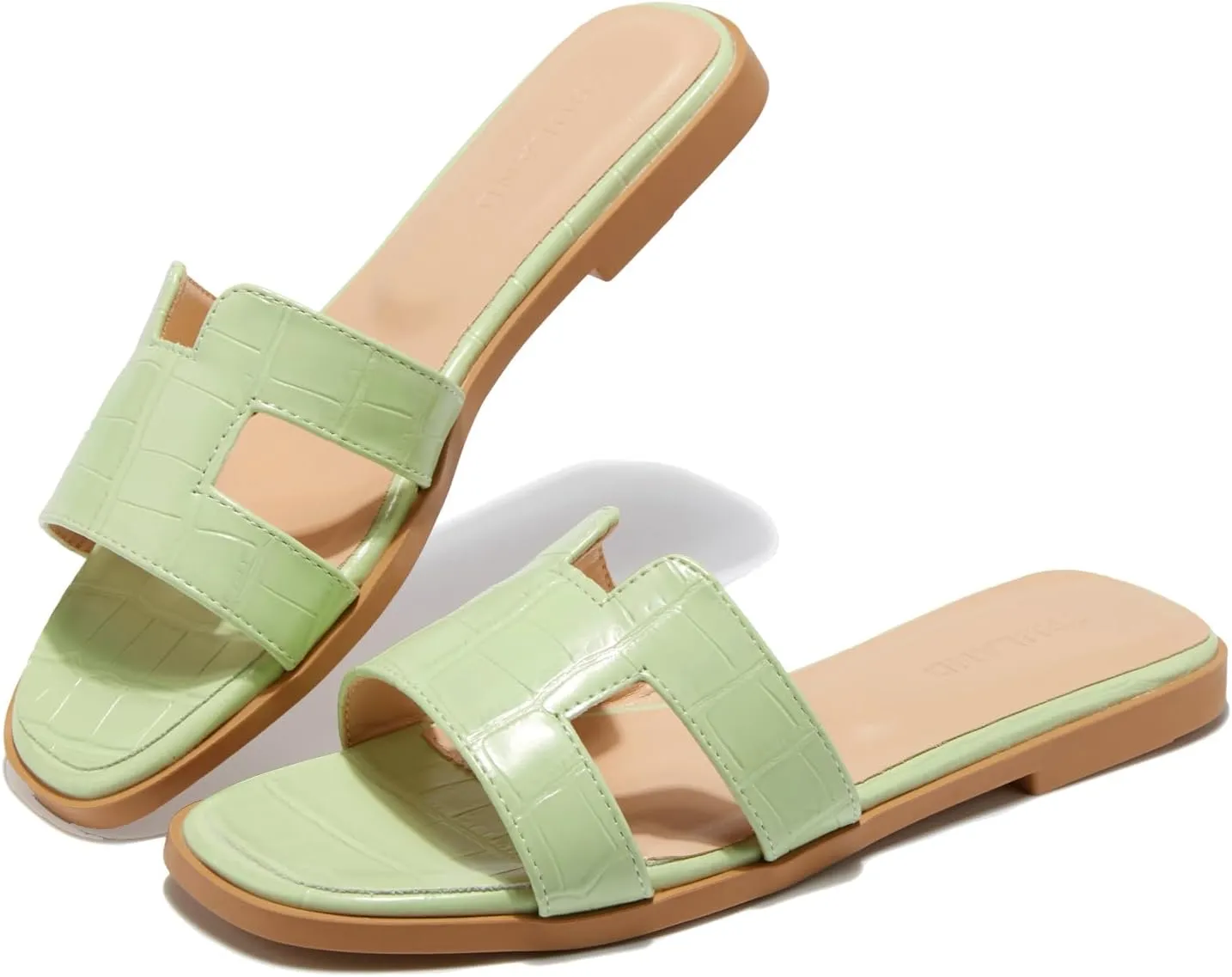 TRULAND H Strap Flat Slide Sandals for Women - Cute Fashion Open Square Toe Summer Dressy Sandals
