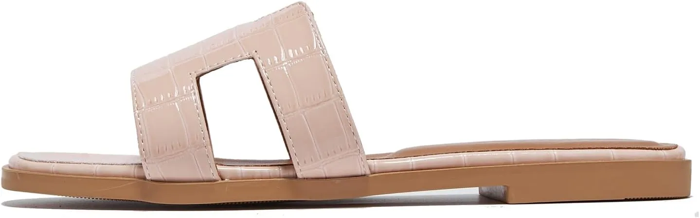 TRULAND H Strap Flat Slide Sandals for Women - Cute Fashion Open Square Toe Summer Dressy Sandals
