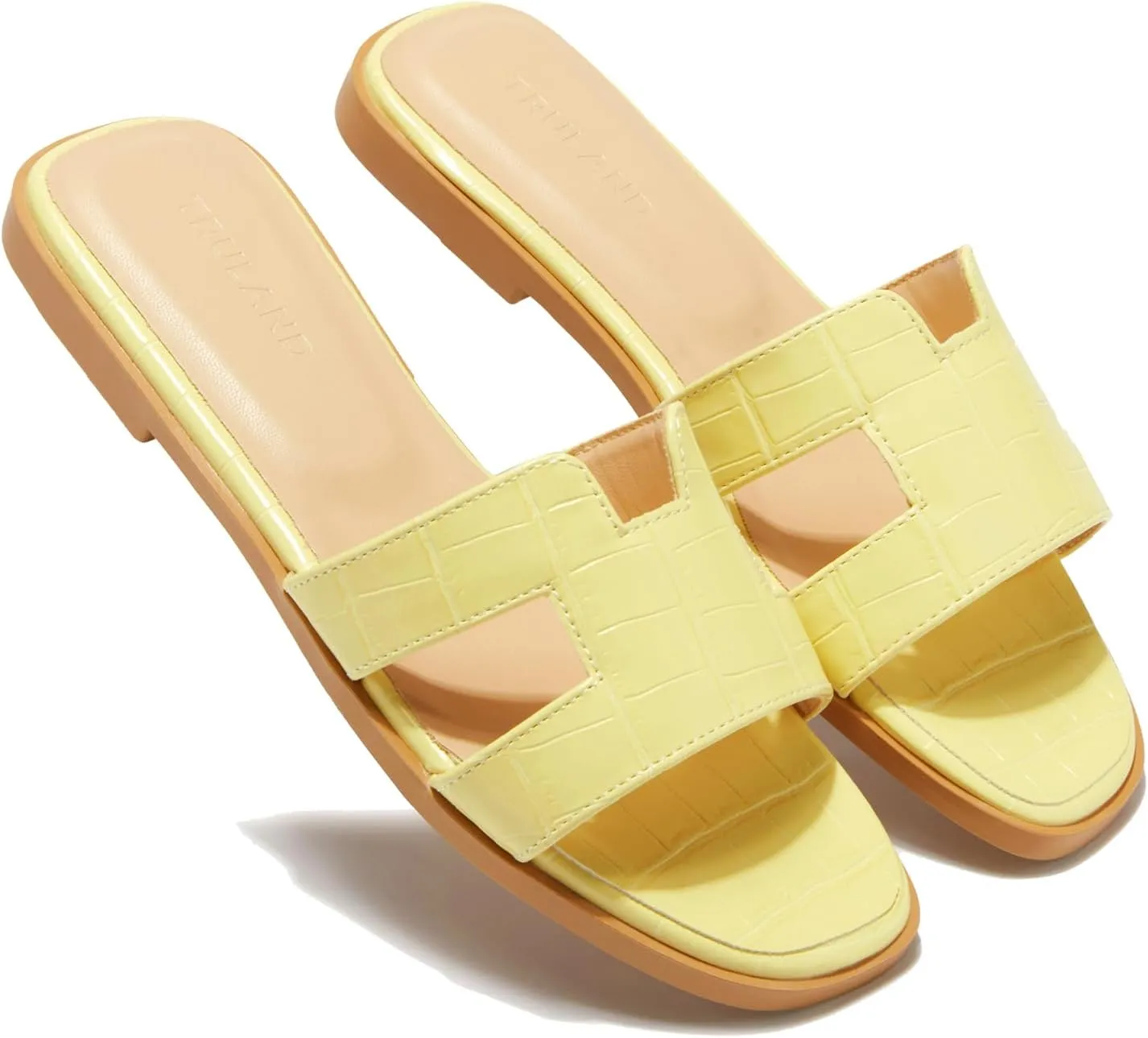 TRULAND H Strap Flat Slide Sandals for Women - Cute Fashion Open Square Toe Summer Dressy Sandals