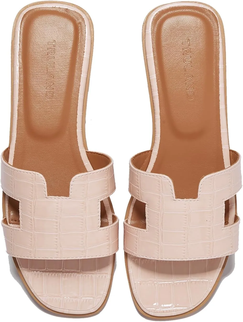 TRULAND H Strap Flat Slide Sandals for Women - Cute Fashion Open Square Toe Summer Dressy Sandals