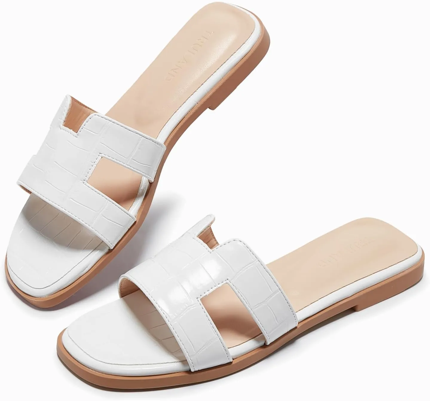 TRULAND H Strap Flat Slide Sandals for Women - Cute Fashion Open Square Toe Summer Dressy Sandals